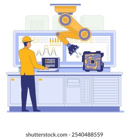 Um trabalhador com um chapéu amarelo duro opera um braço robótico em um cenário industrial. O braço robótico está manipulando uma placa de circuito. O fundo inclui máquinas e painéis de controle. Ilustração vetorial.