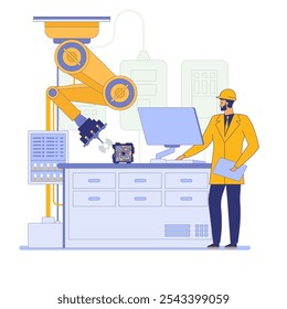 A worker in a yellow hard hat operates a robotic arm in an industrial setting. The robotic arm is handling a circuit board. The background includes machinery and control panels. Vector illustration.