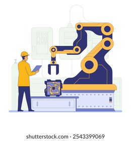 A worker in a yellow hard hat operates a robotic arm in an industrial setting. The robotic arm is handling a circuit board. The background includes machinery and control panels. Vector illustration.