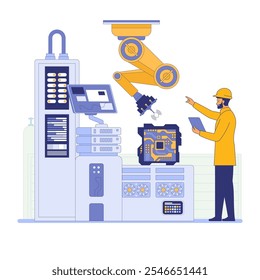 A worker in a yellow hard hat operates a robotic arm in an industrial setting. The robotic arm is handling a circuit board. The background includes machinery and control panels. Vector illustration.