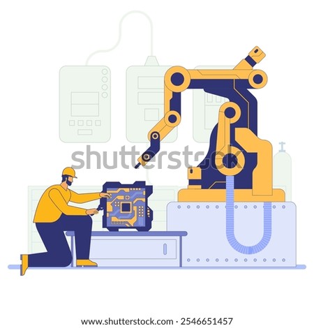 A worker in a yellow hard hat operates a robotic arm in an industrial setting. The robotic arm is handling a circuit board. The background includes machinery and control panels. Vector illustration.