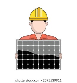 A worker in a yellow hard hat and orange shirt holding a sleek solar panel with black and gray cells, representing renewable energy, sustainability, and construction themes.