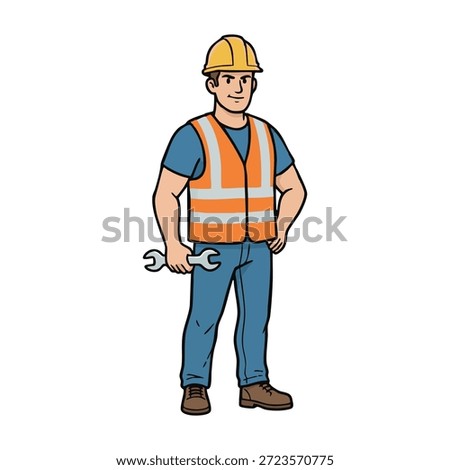 A worker in a yellow hard hat and orange safety vest holding a wrench