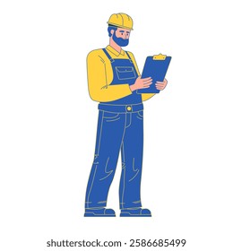 A worker in a yellow helmet and blue overalls stands with a clipboard in his hands. Vector illustration isolated on white background