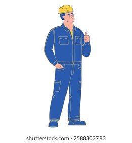 A worker in a yellow helmet and blue overalls stands with a thumbs up gesture. Vector illustration isolated on white background