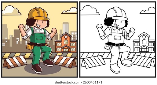 Worker with yellow helmet character coloring page illustration