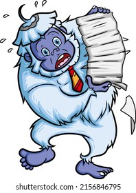 The worker yeti is holding a lot of paper of illustration