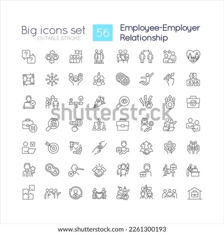 Worker-employer relationship linear icons set. Human resources management. Workplace. Customizable thin line symbols. Isolated vector outline illustrations. Editable stroke. Quicksand-Light font used
