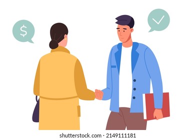 Workers agree deal. Snakehand business partner briefcase, person handshake good impression office meeting work trust partnership investors agreement, vector illustration of cooperation agreement