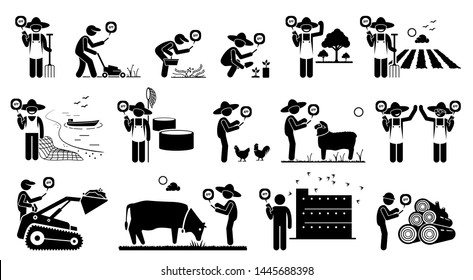 Workers from agriculture industry using mobile app technology with their smart phone. Vector artwork depicts, farmer, fisherman, gardener, swiftlet owner, and logger holding a smart phone for work.