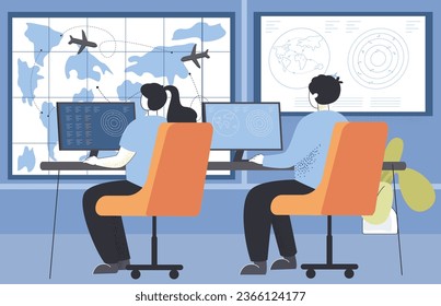 Trabajadores en la ilustración vectorial de la torre de control del tráfico aéreo. Dibujo de dibujos de la retrovista de hombres y mujeres en computadoras que controlan vuelos de avión. Transporte, aviación, concepto de gestión