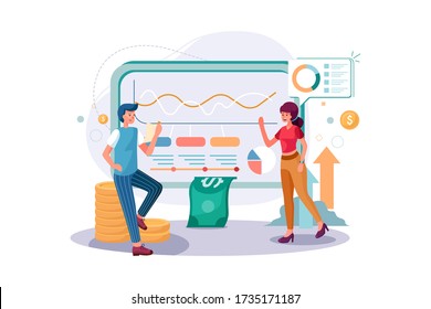 Workers analyzing financial income vector illustration. Investment and virtual finance flat style design.
