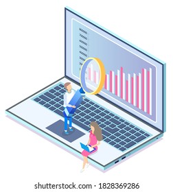 Workers analyzing information on laptop. Charts and diagrams on laptop screen. Man and woman explaining details and making new strategy. Male with magnifying glass, lady with gadget vector in flat