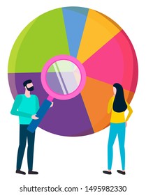 Workers analyzing information results represented in diagram with segments. Brainstorming man and woman holding zooming magnifying glass to see more. Vector illustration in flat cartoon style