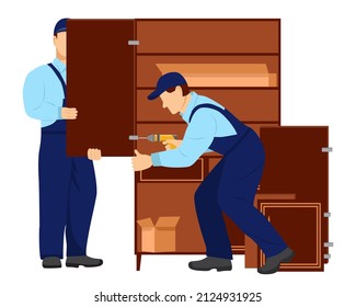 Los trabajadores ensamblan muebles. Master trabaja con un destornillador. El tipo está sosteniendo la puerta del armario. Montaje o desmontaje de muebles. Ilustración vectorial en estilo plano sobre fondo blanco.