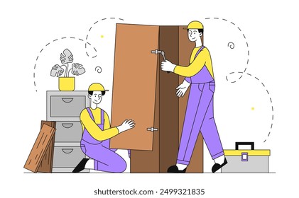 Workers assemble furniture. Men in uniform assembling wardrobe. Handyman and worker with toolbox. Carpentry, repair and construction. Linear vector illustration isolated on white background
