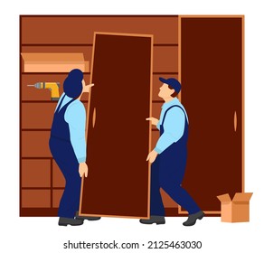 Workers assemble furniture. Two workers are installing a heavy door of the wardrobe. Assembling or dismantling furniture. Vector Illustration in flat style on white background.