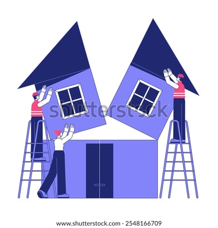Workers Assembling Prefabricated House On Ladders In Flat Vector Illustration Symbolizing Construction, Teamwork, And Housing Projects, Isolated On White Background.