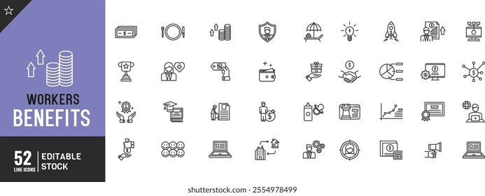 Workers Benefits line editable icon set. bonuses, paid leave, pension, and more. thin modern style vector illustration.