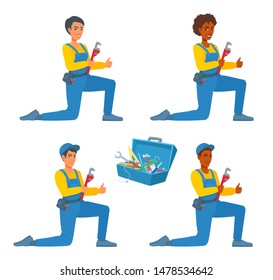 Workers in a blue uniform and cap with a pipe wrench in their hand. Male, female plumbers kneel, showing gesture thumb up, smiling. Toolbox with job equipment. Vector cartoon flat illustration.