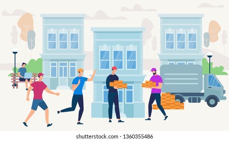 Workers Bring Bricks by Van Car Truck to Build New House. Men Characters, Builders Making Engineering Job on City Buildings Background. Guy with Laptop Sitting in Park Cartoon Flat Vector Illustration