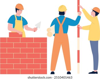 Workers build brick wall. Industrial masonry illustration