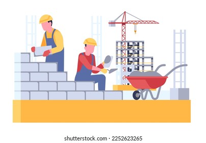 Workers build brickwork by laying bricks. House building. Bricklaying wall. Bricklayers work. Men with trowel and wheelbarrow. Mason in uniform. Construction industry