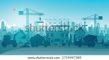 Workers building houses with cranes on construction sites.