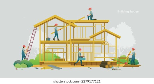 Workers are building houses with gray background.