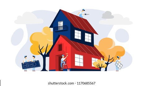 Workers building a large red house. Home construction. Wall painting and roof constructing. Flat vector illustration