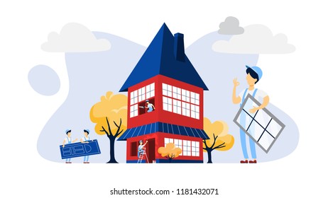 Workers building a large red house. Home construction. Wall painting, window and door installation. Flat vector illustration