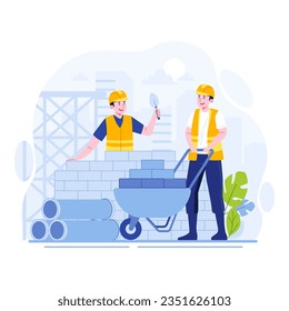 Die Arbeiter bauen die Wand flache Illustration