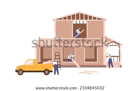 Workers building wood house. Builders work, unload car with timber. Residential home construction process. Professional constructors team. Flat vector illustration isolated on white background Foto d'archivio © 