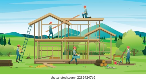 Workers are building a wooden house in the countryside.