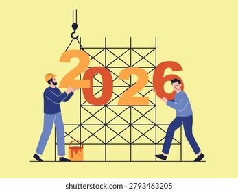 Workers building year 2026 number sign with crane. New year, construction, project, and development concept.