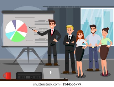 Workers at Business Conference Flat Illustration. Colleagues Giving Presentation, Interview. Business Coach Pointing on Whiteboard Vector Drawing. Graph, Diagram, Chart. Projector, Laptop in Office