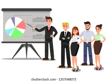Workers at Business Conference Flat Vector Illustration. Corporate Meeting. Teamwork. Startup Project Presentation. Professional Workers Team Cartoon Characters. Market Analytics Service