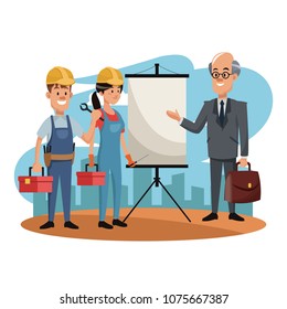 Workers with businessman