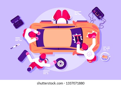 Workers in car service checking vehicle. Men repairing and polishing crashed automobile vector illustration. Team of mechanics working at workshop. Auto parts toolbox battery charging flat concept