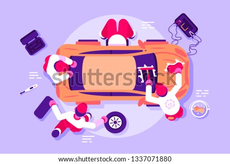 Workers in car service checking vehicle. Men repairing and polishing crashed automobile vector illustration. Team of mechanics working at workshop. Auto parts toolbox battery charging flat concept