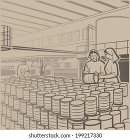 Workers carefully checking the products at the cannery retro vector illustration