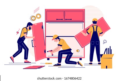 Workers carpenters, furniture installers or collectors team assembling wardrobe cabinet using hand drill tool, vector flat illustration. Furniture assembly service concept for web banner, website page svg