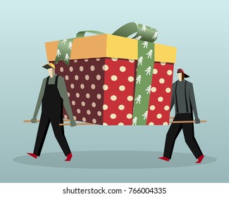 Workers carry a big box with a gift
