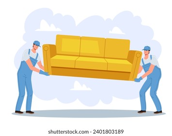 Workers carry furniture sofa move house shipment concept. Vector flat graphic design illustration