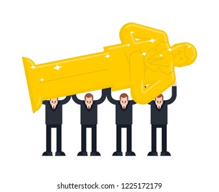 Workers carry golden statue boss. Worship businessman. Leader concept business illustration