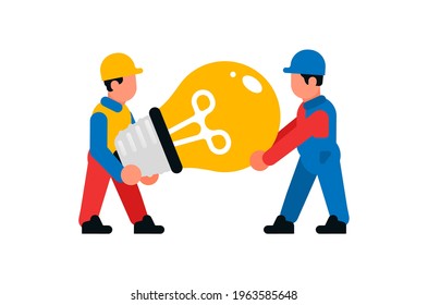 Workers carrying a large light bulb. Builders and a light bulb. Light, idea, inspiration, creativity. Isolated vector illustration on white background