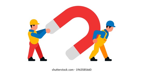Workers carrying a large magnet. Builders and magnet. Attraction, strength, power. Vector illustration isolated on white background