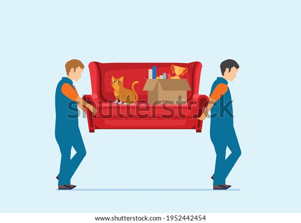 Workers carrying sofa with big carton cardboard\
box. Delivery and relocation service concept. Vector illustration\
in flat style.