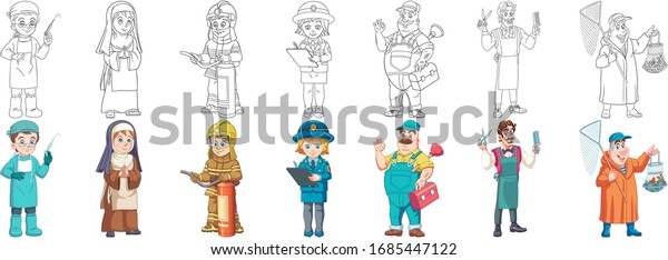 Workers. Cartoon clipart set for kids\
activity coloring book, t shirt print, icon, logo, label, patch or\
sticker. Vector\
illustration.
