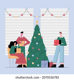 trabajadores celebrando Navidad con árbol